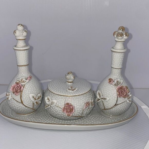 Vintage Porcelain Vanity Set Textured Hobnail White With 3D Floral Design Japan - Picture 1 of 12